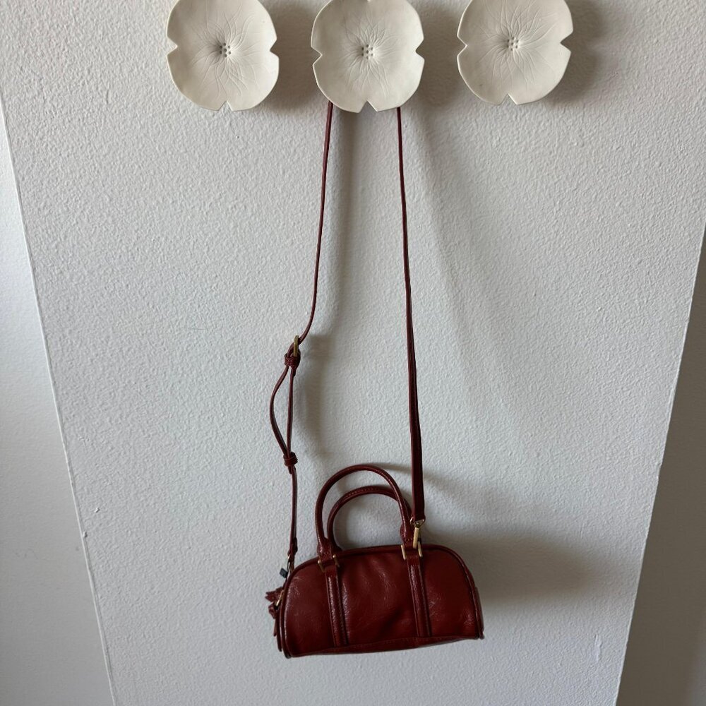 Zara Mini Leather Barrel Bag • Red Brown • Double Zip • Crossbody - Picture 6 of 9